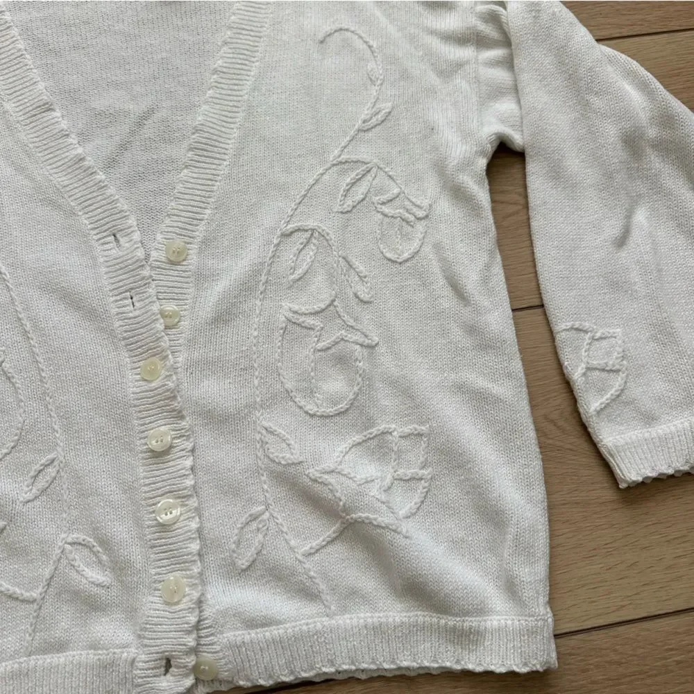 Vintage Ivory Floral Embroidered Ramie Cotton Cardigan Adrianna Papell